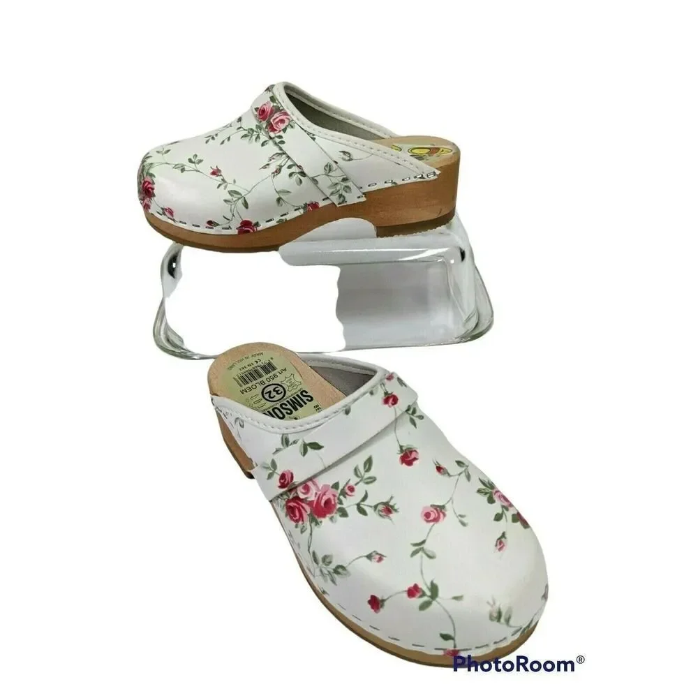 Holland Simson Girls Floral Leather Clogs 2 3 US Size 32 EU Fleuriste Pink White